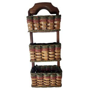 Vintage Foxcreek Basket Co Mahogany Wood Wicker 3 Tier Wall Mail Organizer